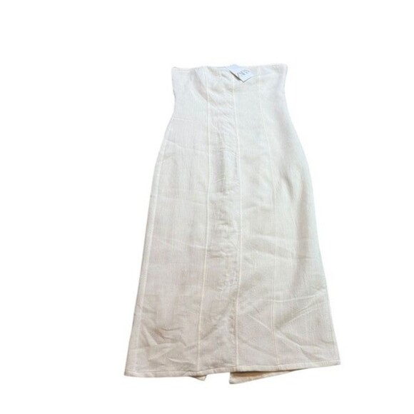 Zara Size XL Strapless Midi Sheath Dress Back Slit Textured Cream New 6929/311 - Picture 2 of 12
